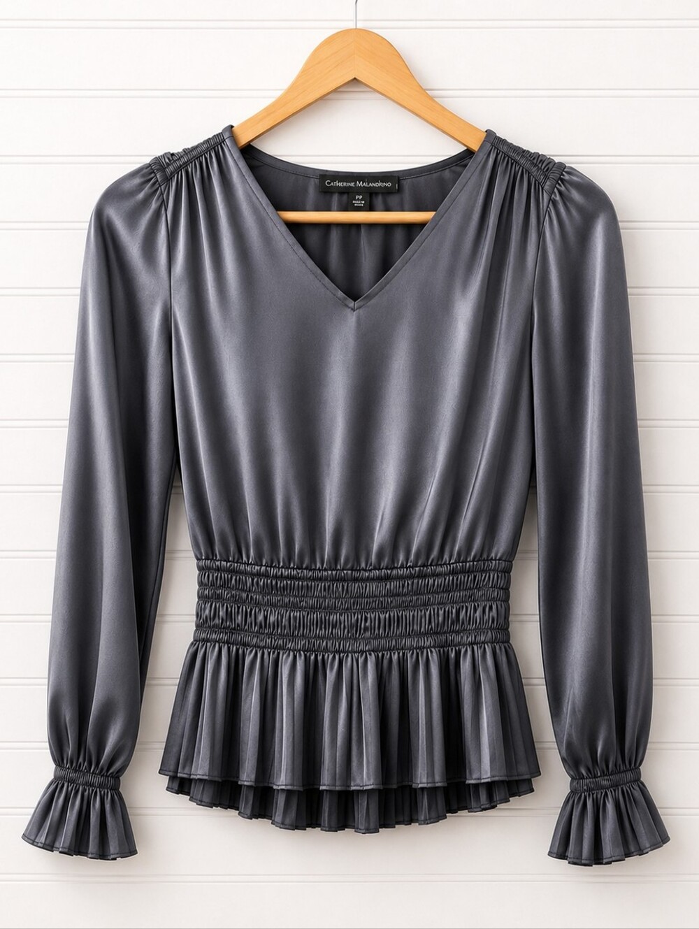 Catherine Malandrino Satin Blouse Gray Long Sleeve Smocked Peplum Waist Size PP